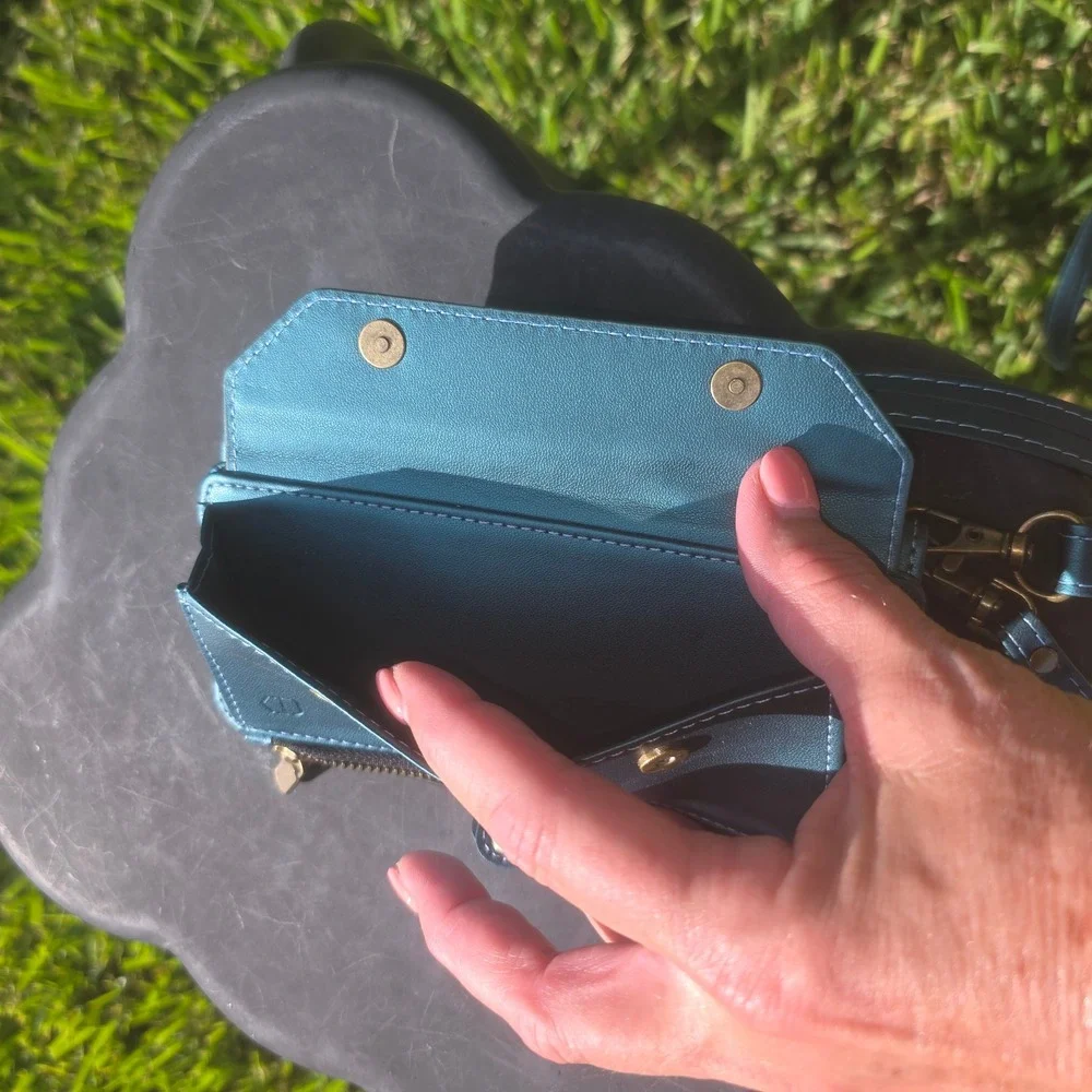 Metallic Teal Wallet Phone Case Crossbody Wristlet with Card Slots and Zipper